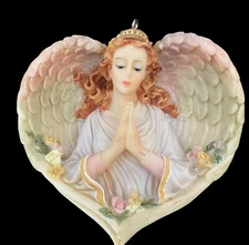 Vintage Angel Praying Heart Christmas Ornament Resin Ornate Red Hair Blue Eyes