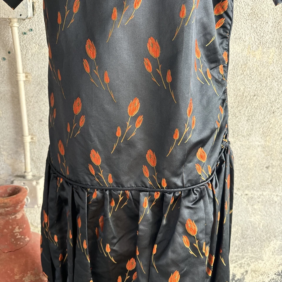 Antiguo Vestido Brocado Seda Tulipán Naranja Años 20 Tela Largo Completo Vintage Foto 4 de 4