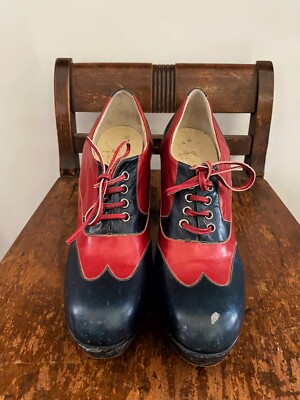 1960s/60s Vintage Red + Navy Platform Lace Up Mary Janes Shoes