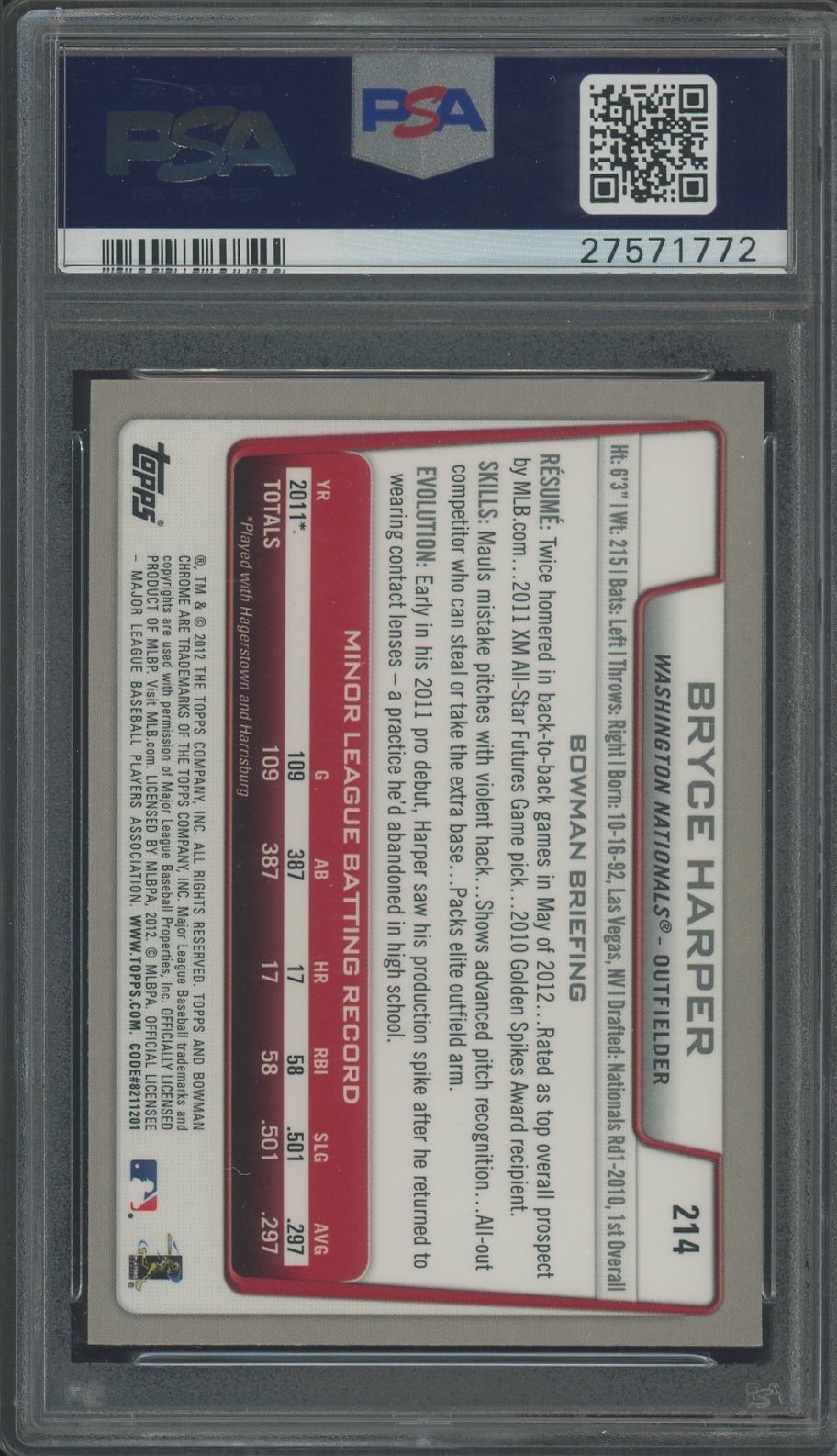 2012 Bowman Chrome #214 Bryce Harper Nationals RC Rookie PSA 10 GEM MINT view 2