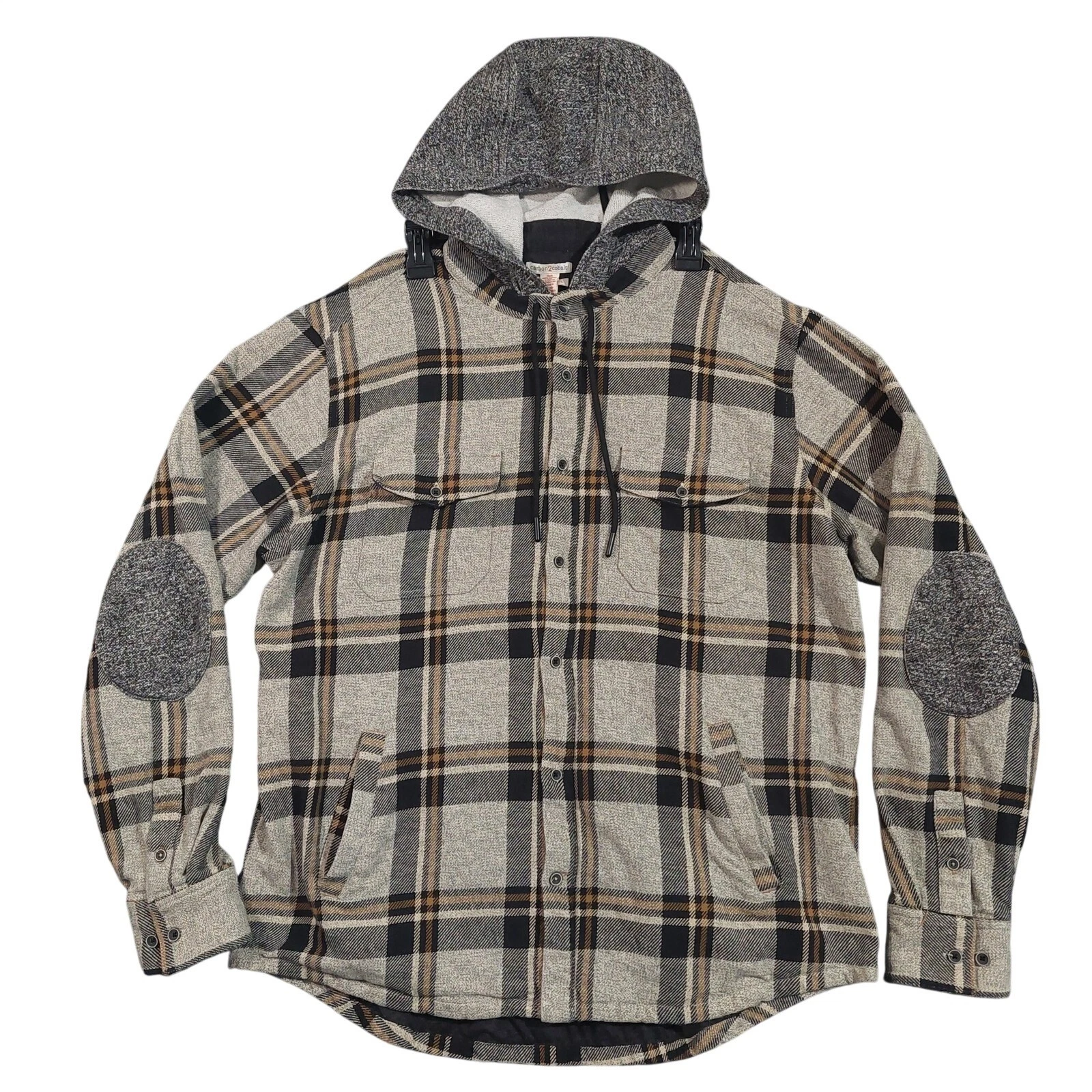 Carbon2Cobalt Hooded Shirt Jacket Mens Large Tan Black Plaid Elbow Patches - product detail image 1