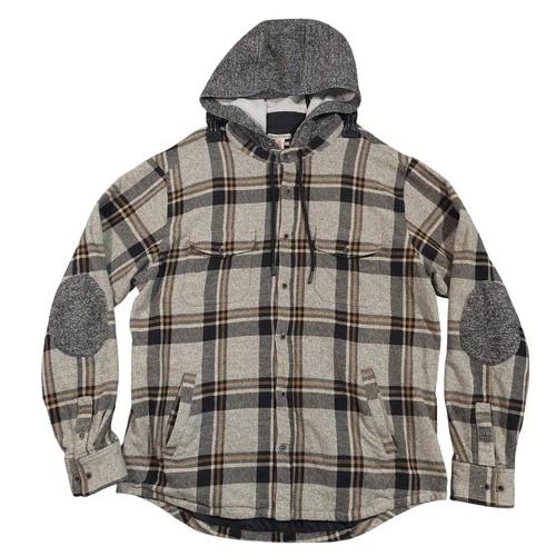 Carbon2Cobalt Hooded Shirt Jacket Mens Large Tan Black Plaid Elbow Patches video thumbnail