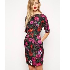 ASOS Petite Jacquard Floral Black & Pink Brocade Dress with Pockets Size 00