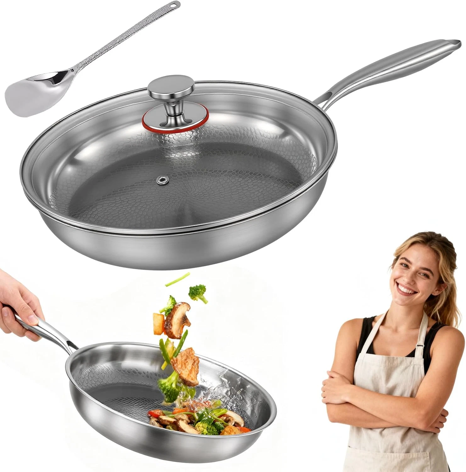 Titanium Hammered Pan Pro for Cooking 11.8in Stainless Steel Cookware Non Stick