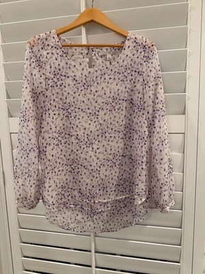 LC Lauren Conrad Floral Blouse Top Sheer Chiffon Purple White Medium Flowy Tunic