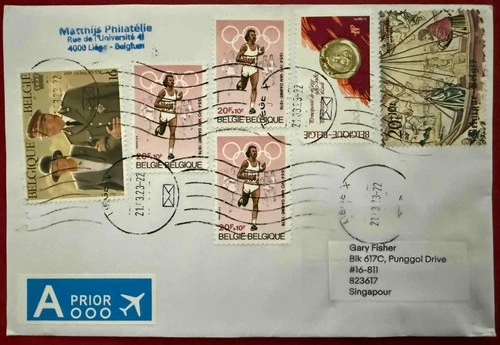 Belgium 'A Prior' Modern Cover to S'pore cw assorted Stamps. Used.