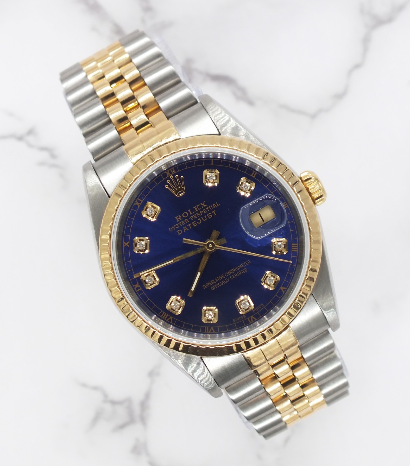 Rolex Datejust 16233 36mm Automatic Steel & Gold Submariner Blue Diamond Dial.