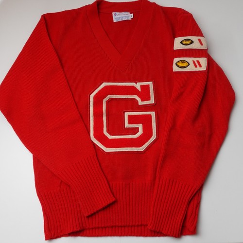 Vintage 60s 70s Goshen High School Indiana Varsity Red Football Sweater Medium