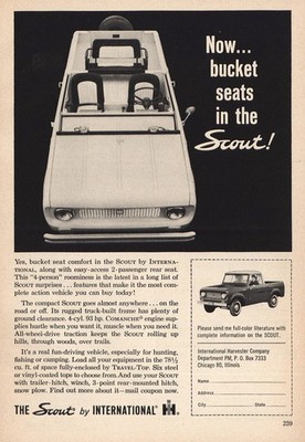 1963 International Harvester Scout: Bucket Seats Vintage Print Ad