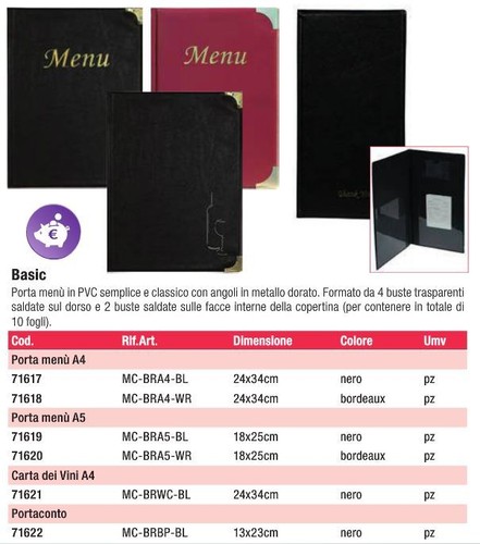 PORTA MENU' BASIC SECURIT VARI COLORI A4 A5 CARTA VINI PORTACONTO PVC ristorante - Picture 4 of 10