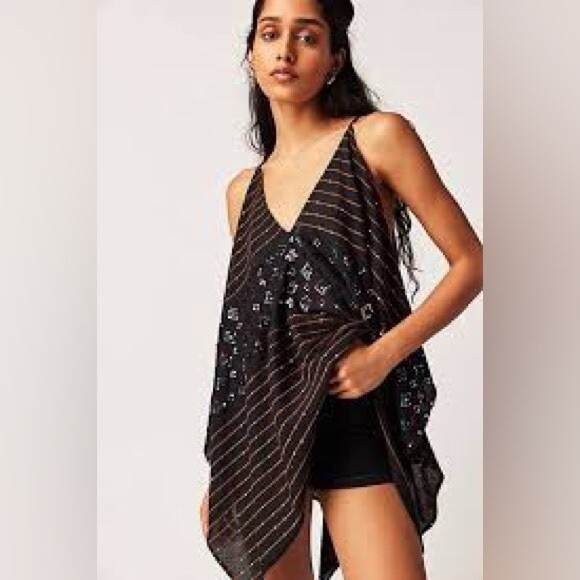 Free People Ibiza Haze Tank Tunic Top Sequin Embellished Black Hi Low S