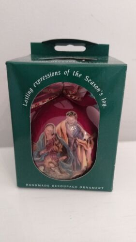 Vintage Enesco Handmade Decoupage Christmas Ornament Nativity 3" Ball Bow Red - Picture 1 of 13