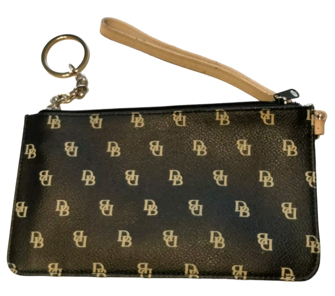 Dooney Bourke Dark Brown DB Coated Canvas Wristlet Key Pouch