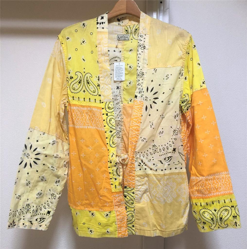 美品　日本製KAPITAL キャピタルイエローポロシャツ　胸元ビーズ刺繍 KAPITAL BANDANA PATCHWORK kakashi SHIRT yellow brand new made in