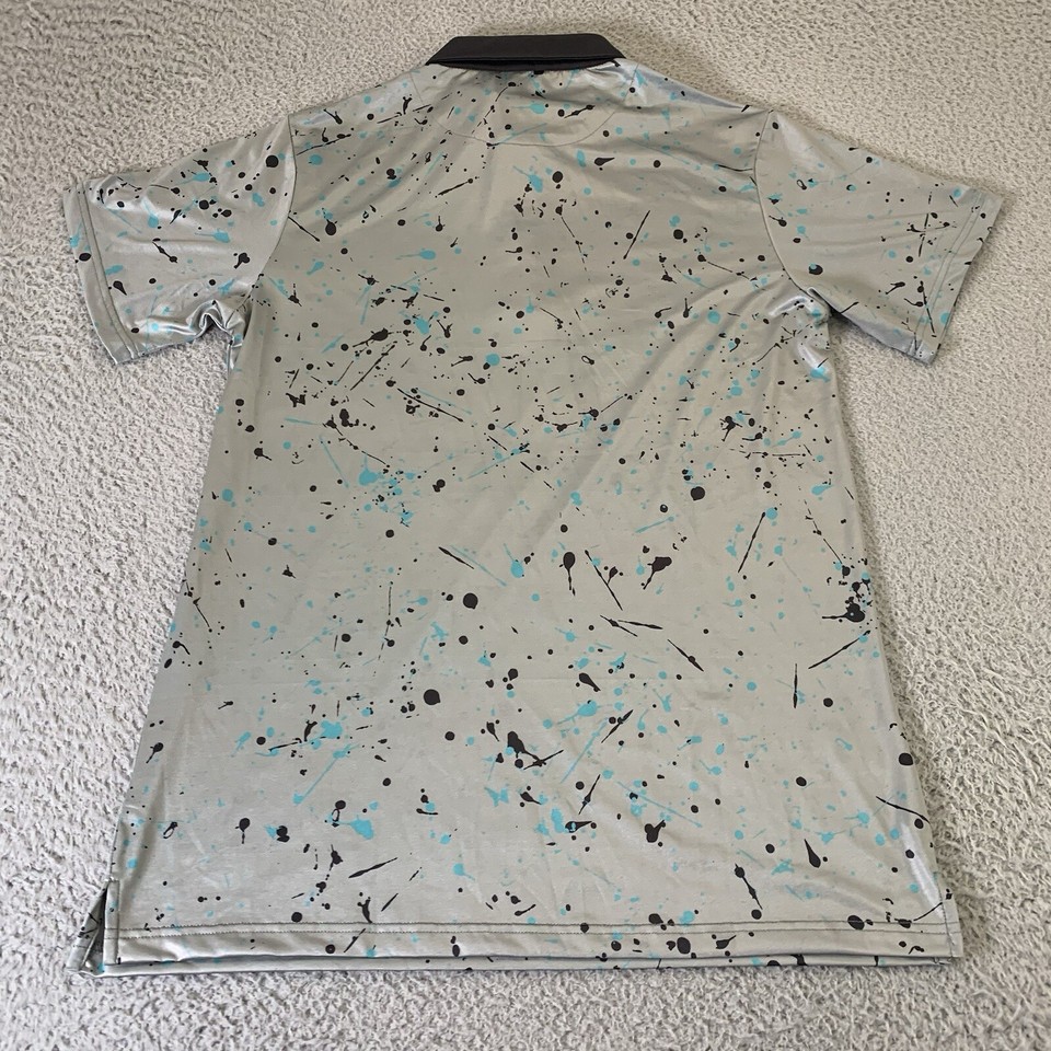 Pins & Aces Golf Shirt Mens Medium Teal Black Splatter Performance Cool