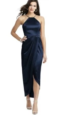 After 6 Satin Straight Halter Draped Tulip MIDI Dress Nwt Midnight Blue Sz 10