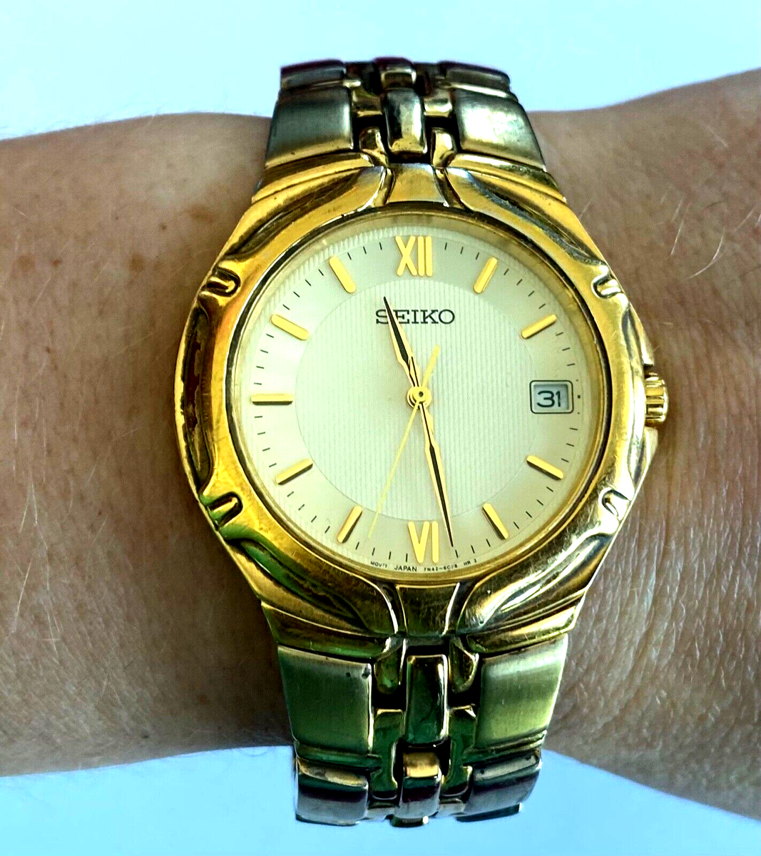 Vintage Men's Watch Seiko 7N42 6C10 Quartz Day Yellow Tone Runs | eBay