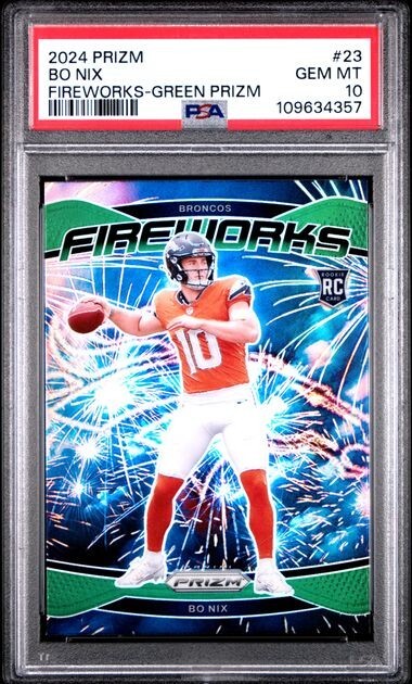 Bo Nix 2024 Panini Prizm Fireworks #23 Green Prizm RC PSA 10 BRONCOS