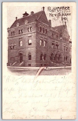 New Albany Indiana~Custom House Post Office Bldg~Arches~Romanesque~1907 Postcard