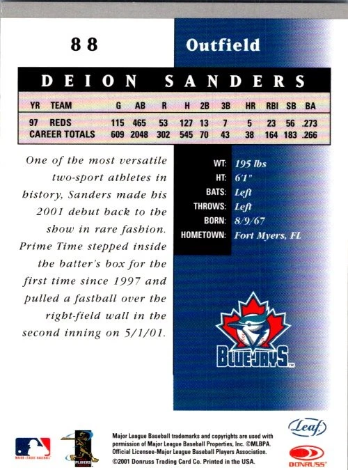 2001 Leaf Certified Materials #88 Deion Sanders baseball card 10W - Image 2 of 2