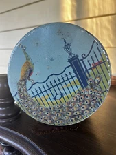 Vintage Peacock Tin Round Canister Bird Gate Design 1940s Storage 6”