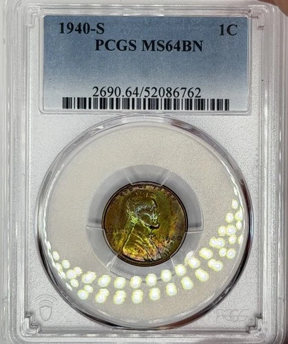 1940-S Incredible Dual Toned Green Wheat Penny! MS-64BN PCGS- See Video!