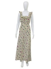 Doen Women's Ruffled Floral Printed Belted Cream Silk Long Maxi Gown Dress S