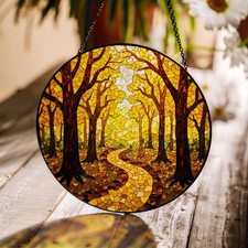 Autumn Forest Path Round Stained Glass Suncatcher, Decor Gift for Nature Lovers