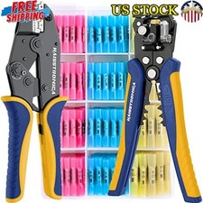 200PCS AWG Heat Shrink Butt Connectors Crimping Tool Set W/ Wire Stripper New
