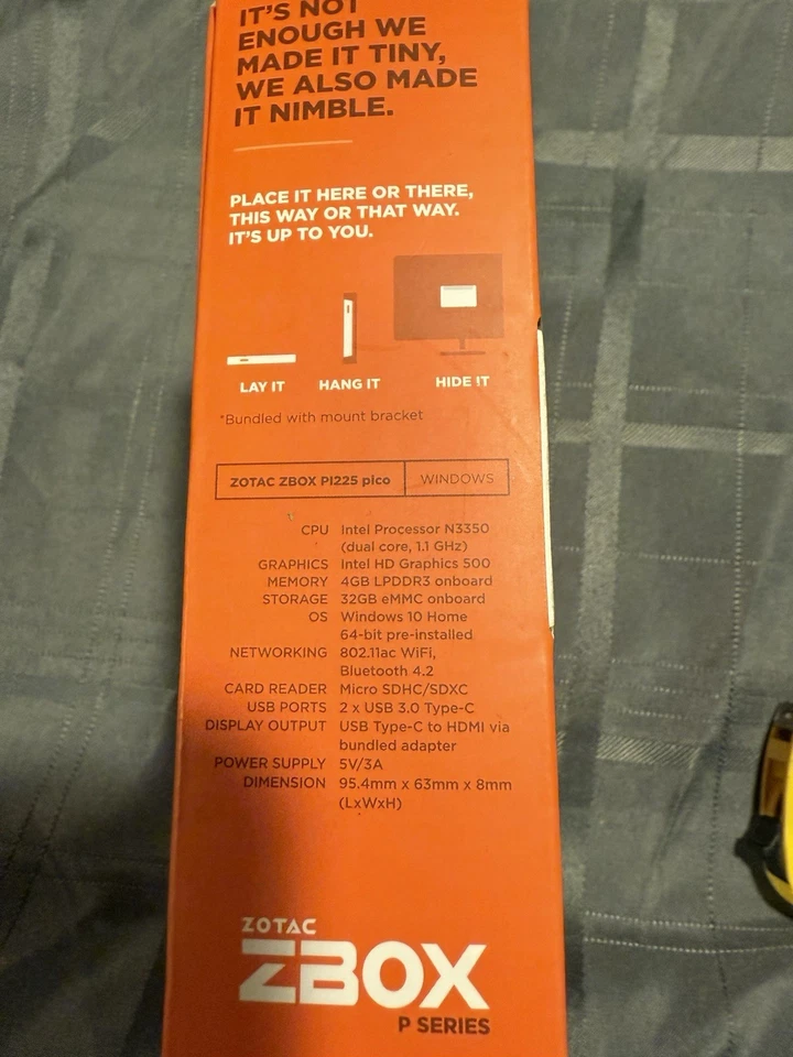 ZOTAC ZBOX-P1225-W2B Mini PC Pico Intel Celeron Win10 4g Ram 32g Storage - Image 3 of 4