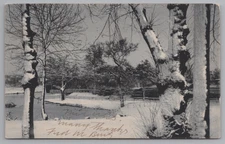 Postcard: Snow scene in field with pond. UDB