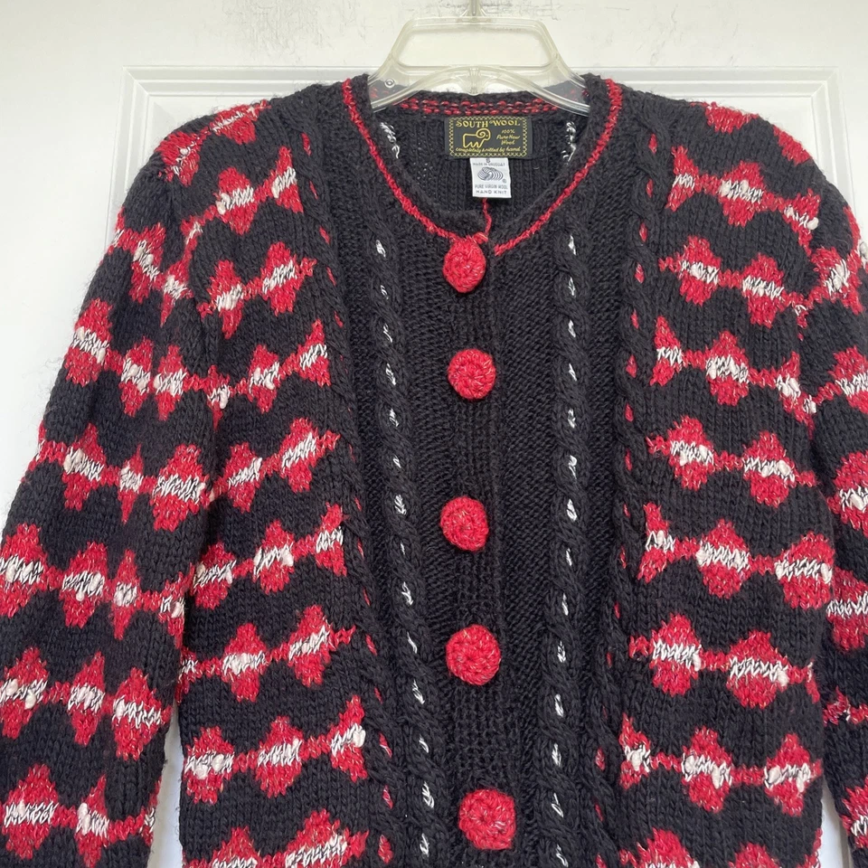 Cárdigan De Colección South Wool Tejido a Mano Colorido Lana Abotonada Talla S Geo Estampado Foto 3 de 4