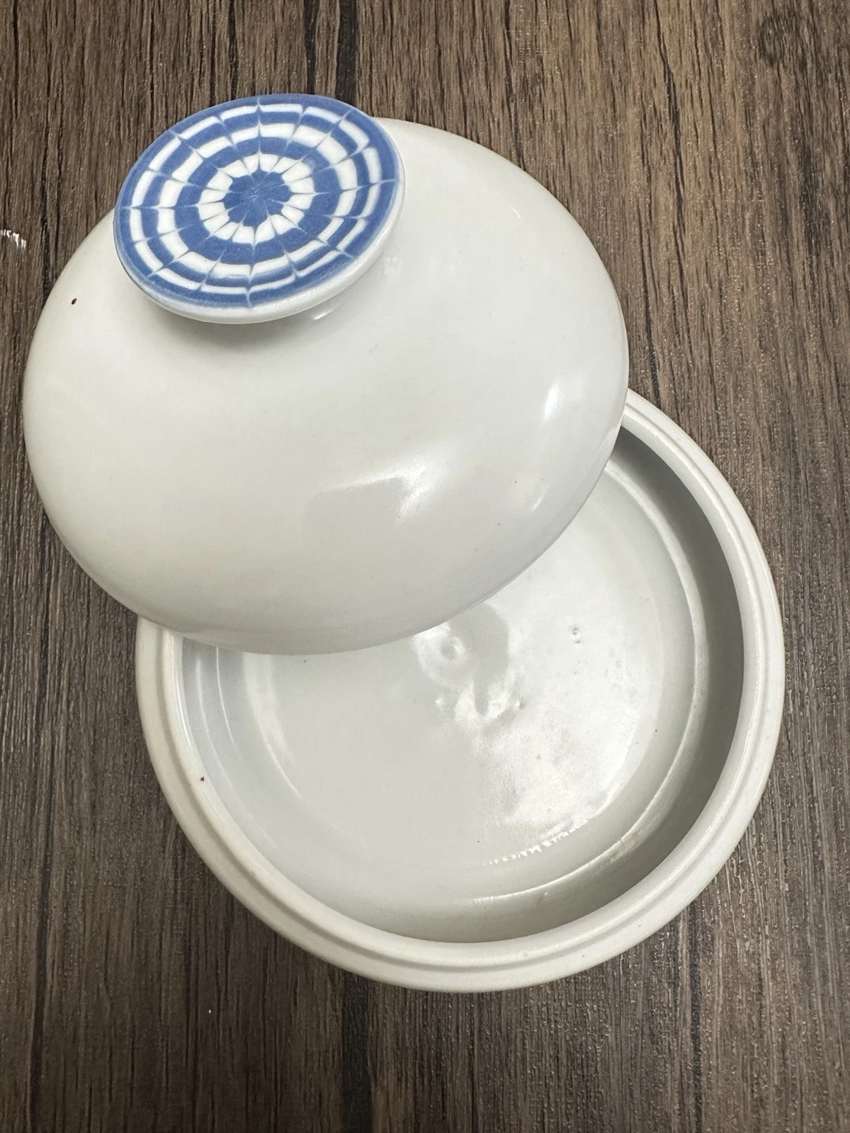 Vintage White Ceramic Covered Butter Dish Round Domed Lid Blue Geometric Knob