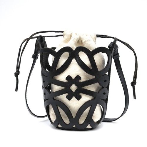 LOEWE Anagram Cutout Pocket Crossbody Bag Black Leather Canvas Draw