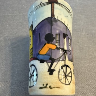 Intshibibi Hand Painted Ceramic Mug Multicolor City Life Design Signed. 4  high