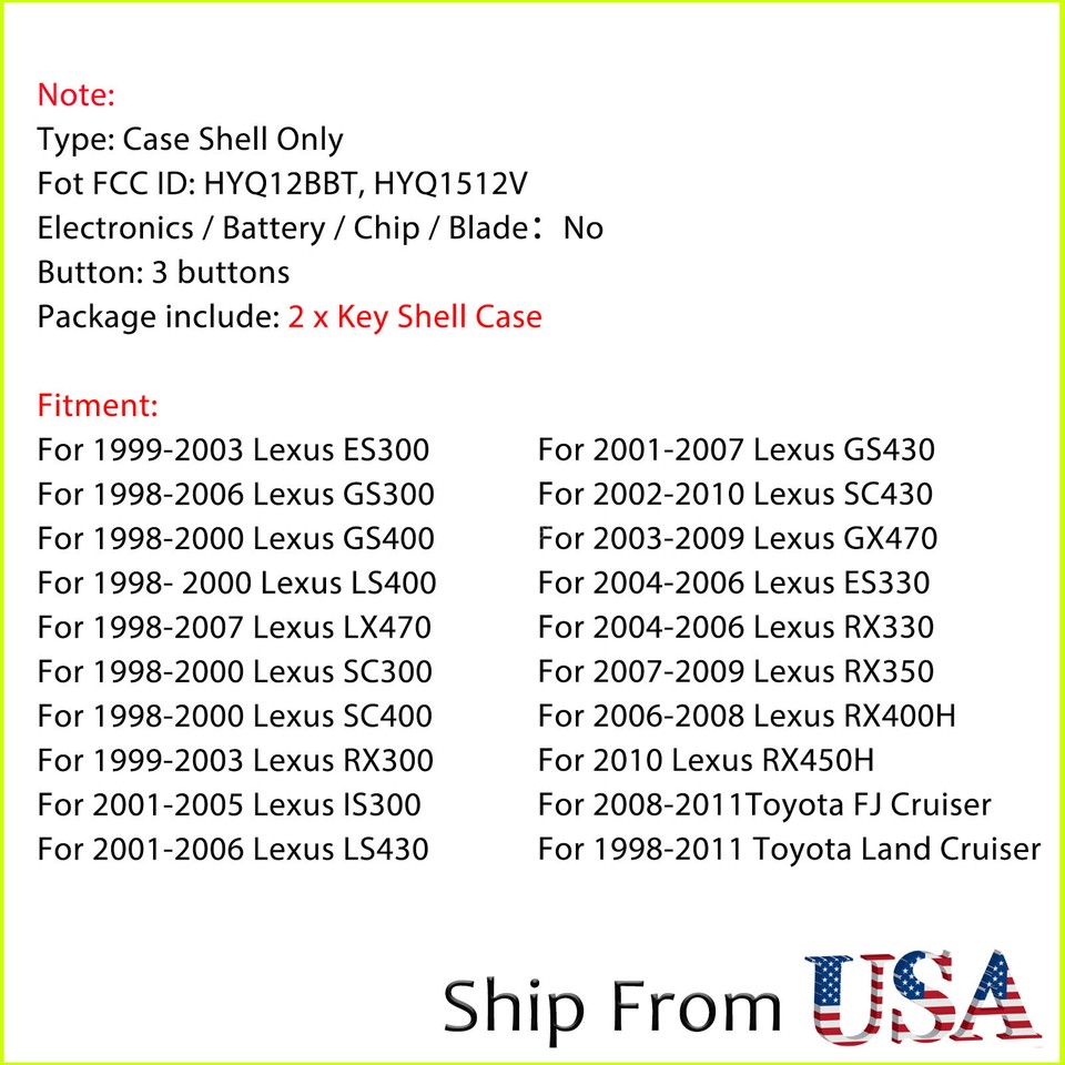 2 For Lexus RX300 RX330 RX350 ES300 GX470 SC430 RX400H Remote Key Fob ...