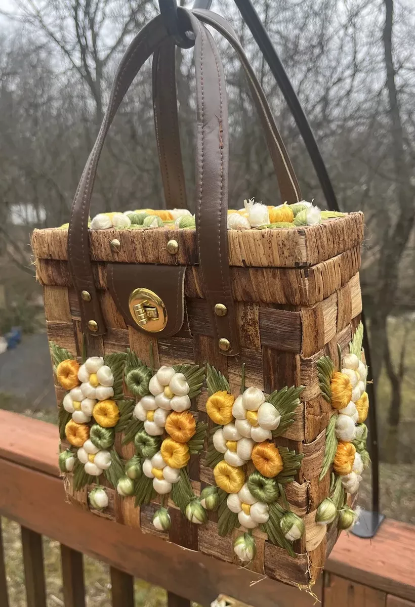 Vtg MCM Woven Rattan Hand Made 3D Floral Basket Box Handbag Bags