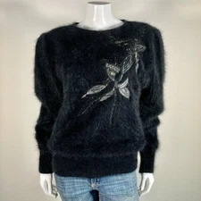 80% Angora Fuzzy Vintage CACHE Black Long Sleeve Embellished Sweater 40 in bust