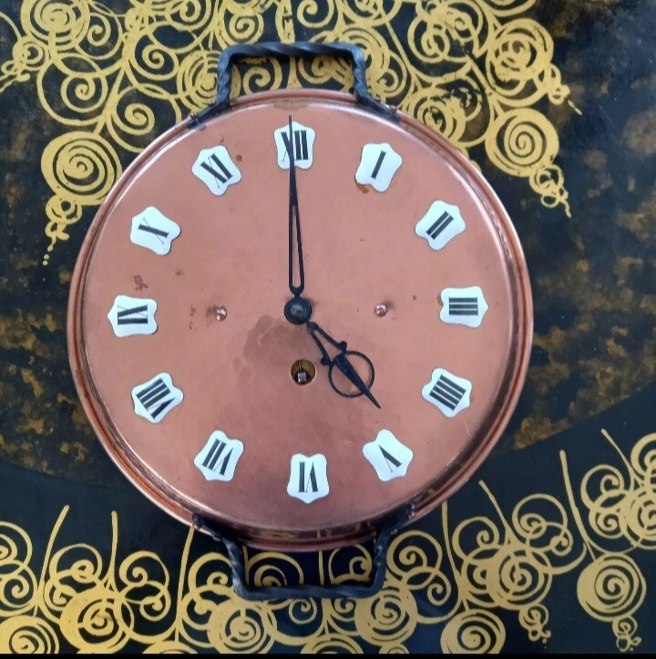 Vintage French Copper & Iron Skillet Wall Clock Double Handled Wind Up Mechanism
