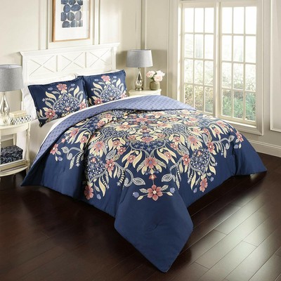 3 Piece Navy Blue Pink Floral Themed King Comforter Set Yellow