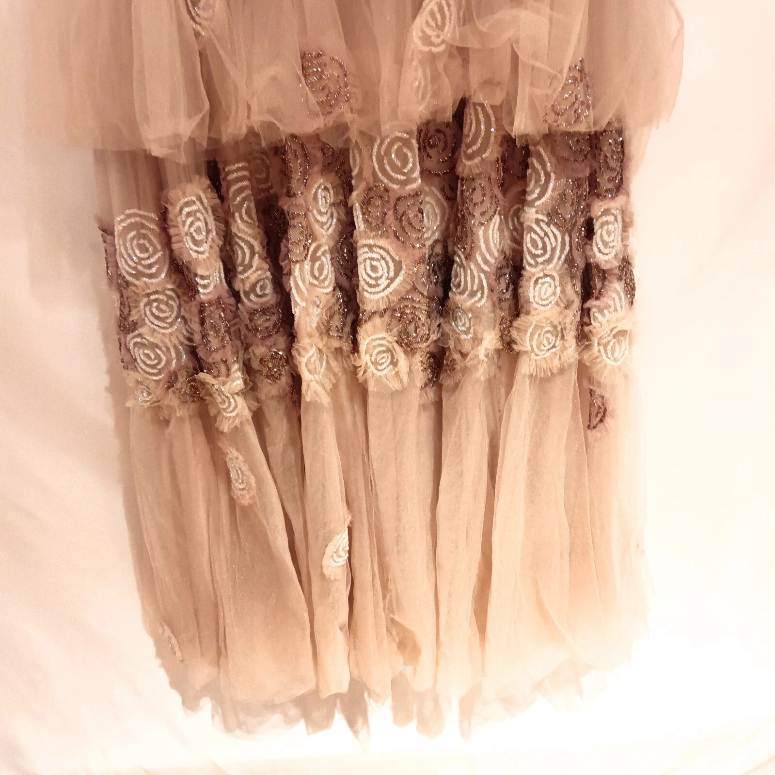 CELINE Abito da sposa beige floreale classico A Line maxi maniche lunghe a strati