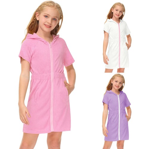 Little Girls Swim Cover Up Swimsuit Zip Up Hooded Bathrobe Absorbent Beach Dress - Picture 11 of 81