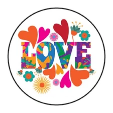 30 Love Envelope Seals Labels Stickers 1.5" Round Hearts and flowers 70's