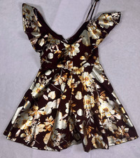 Mine Women’s Floral Fit Flare Dress Burgundy Gold Ruffle Size M USA Made