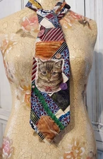 Upcycled Handsewn Neck Tie  Adornment Magnolia STYLE Wearable ART Cat Patchwork 