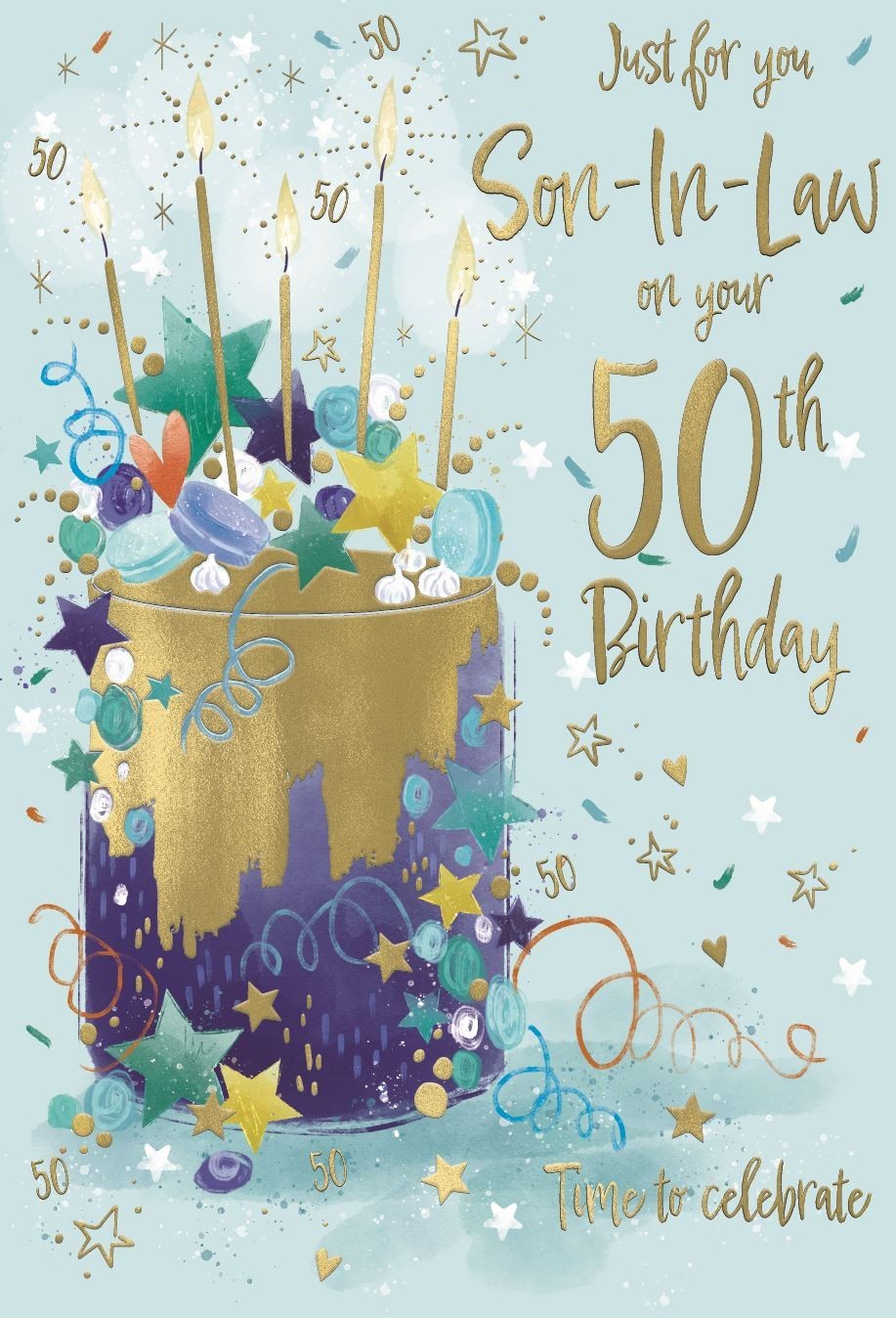 Birthday Card SON IN LAW 50th 50. **Foil embossed 9"" Card, Paper pages inside**