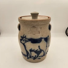 Vintage Rowe Pottery Works, Crock, Salt Glaze Stoneware 5"dia. x 8.5" H, 1985
