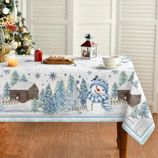 Christmas Tablecloth 60×84 Inch Rectangular, Blue Snowman Pine Snow Washable Tab