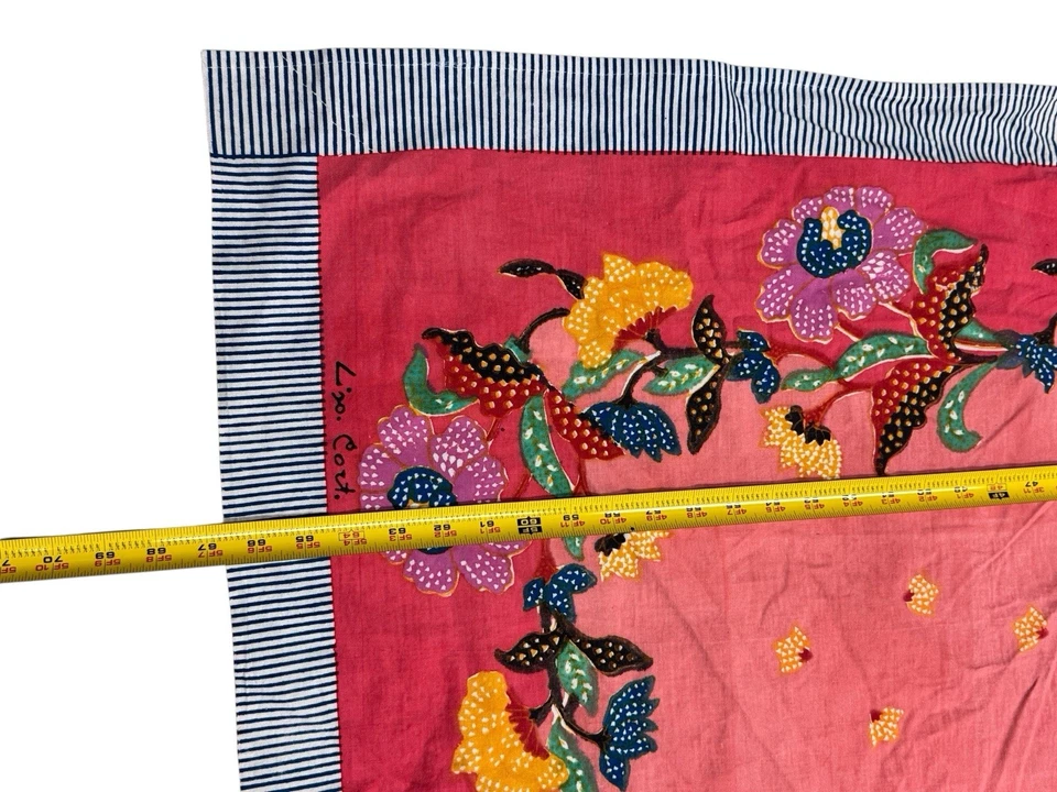 Lisa Corti Indonesia Floral Cotton Tablecloth red rose Signed 104”x66.5” VTG 70s - Image 4 of 4