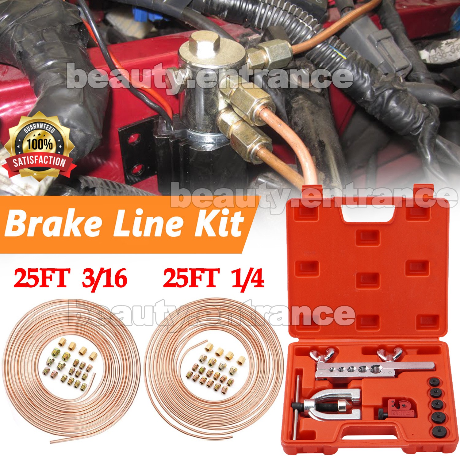 New 25ft 3/16 + 1/4 Copper Coated Brake Line & Double & Single Flaring Tool Kit